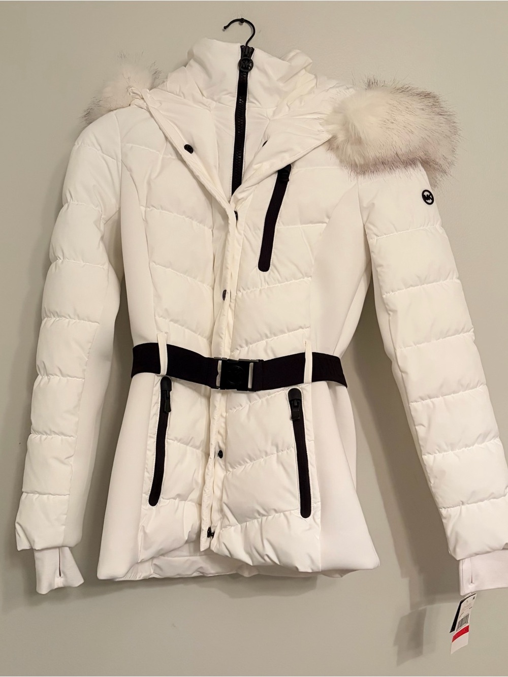 NWT Michael Kors Quilted Puffer Jacket with Belt and Fur-Trim Hood